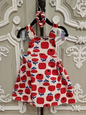 Scoken Girls Red Floral Pinafore Dress with Scrunchie Size 18 - 24 Months NWOT
